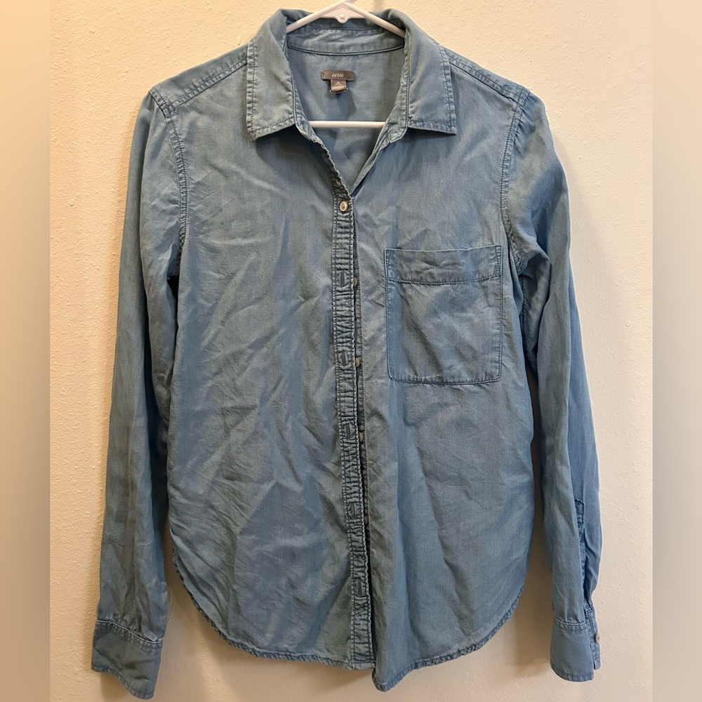 (XS) Aerie Blue Denim Oversized Tie Up Button Down Shirt